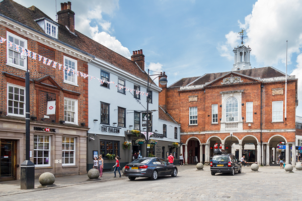 Red brick buildings in a town